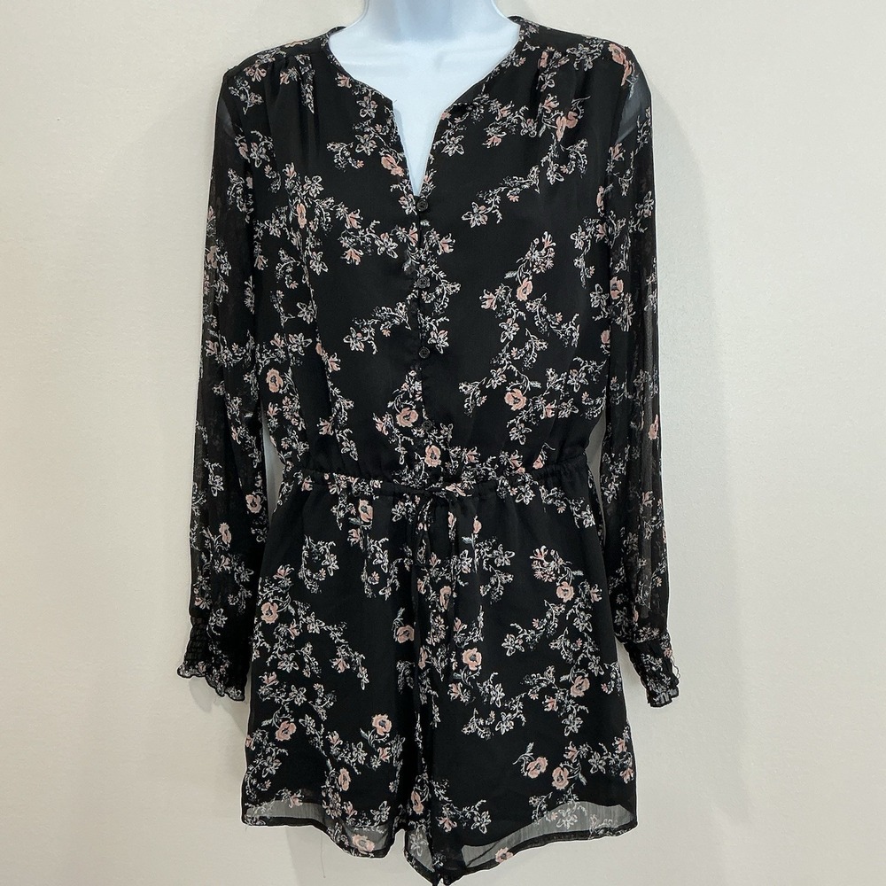 Mossimo Romper Womens Small‎ Black Floral Sheer Sleeve Rayon Boho Whimsigoth